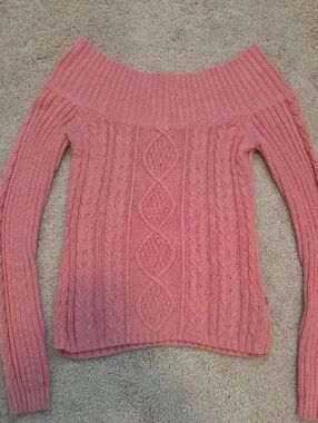 American Eagle Outfitters Pink Off-the-Shoulder Cable Knit Sweater